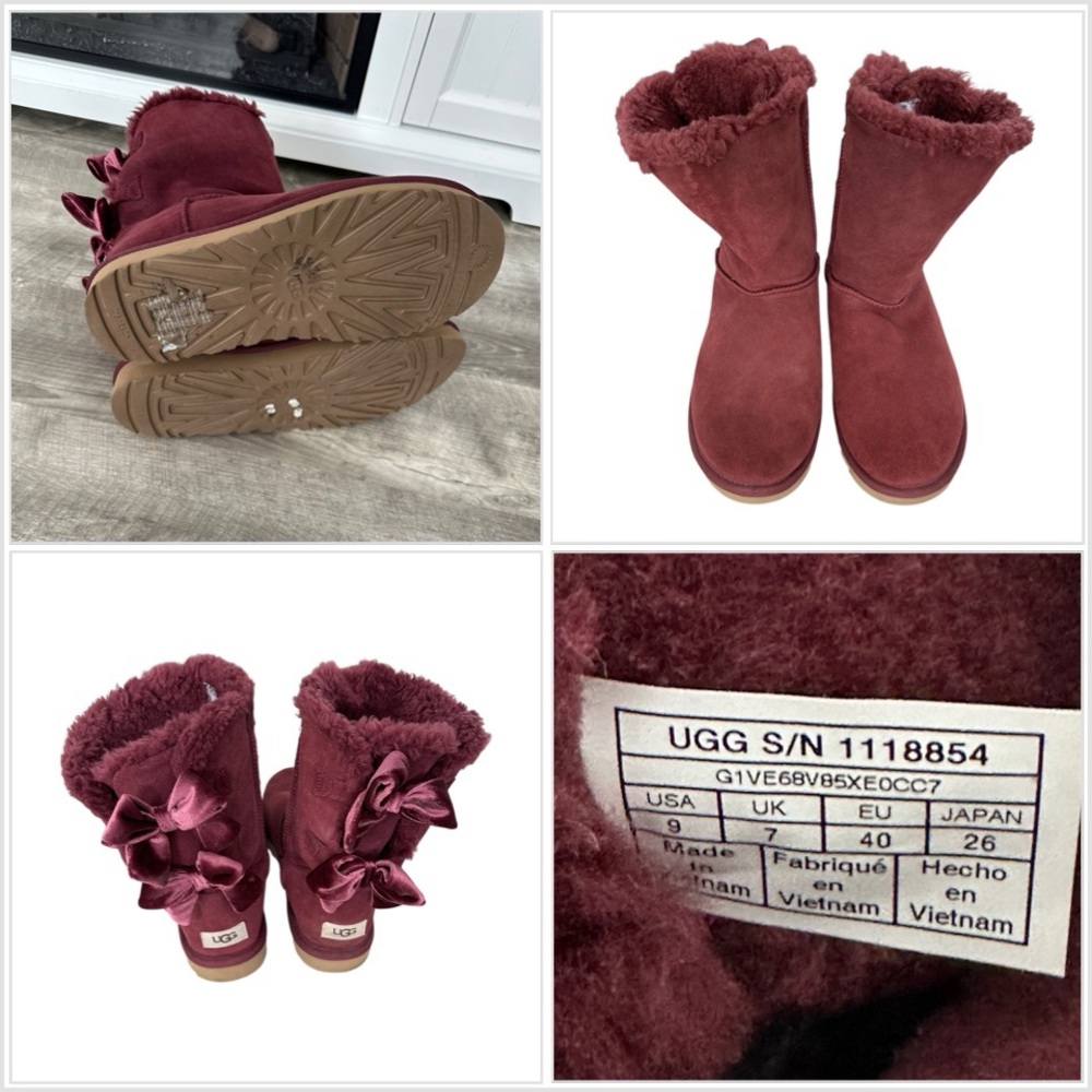 Women’s 9 UGG Bailey Ribbon Bow Crushed Velvet Boots Wild Grape Maroon Plush